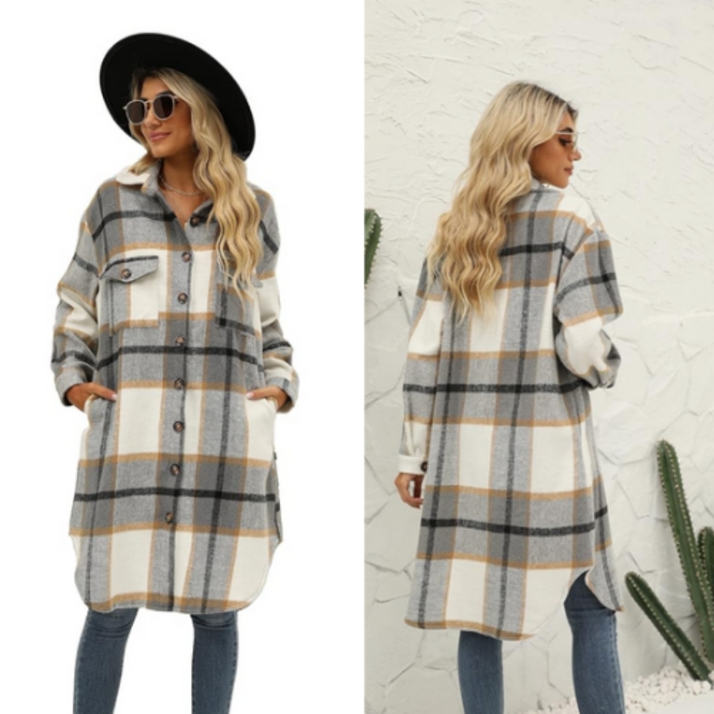 EUC SHEIN Checkered Pattern Trench Coat Size XL (Grey and White)